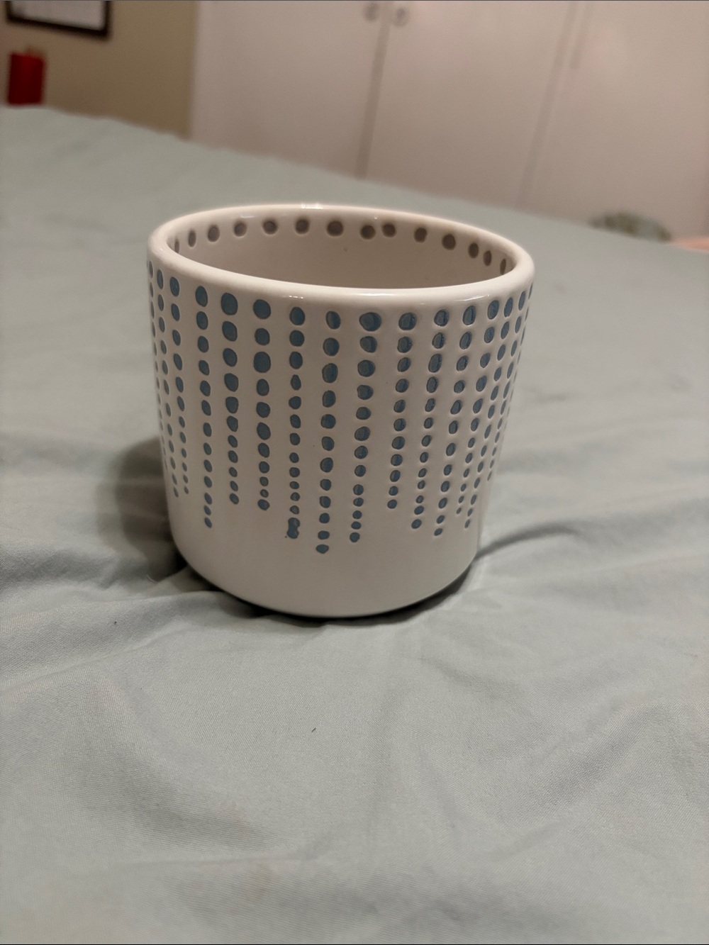 White Ceramic Planter with Blue Dot Drip Pattern